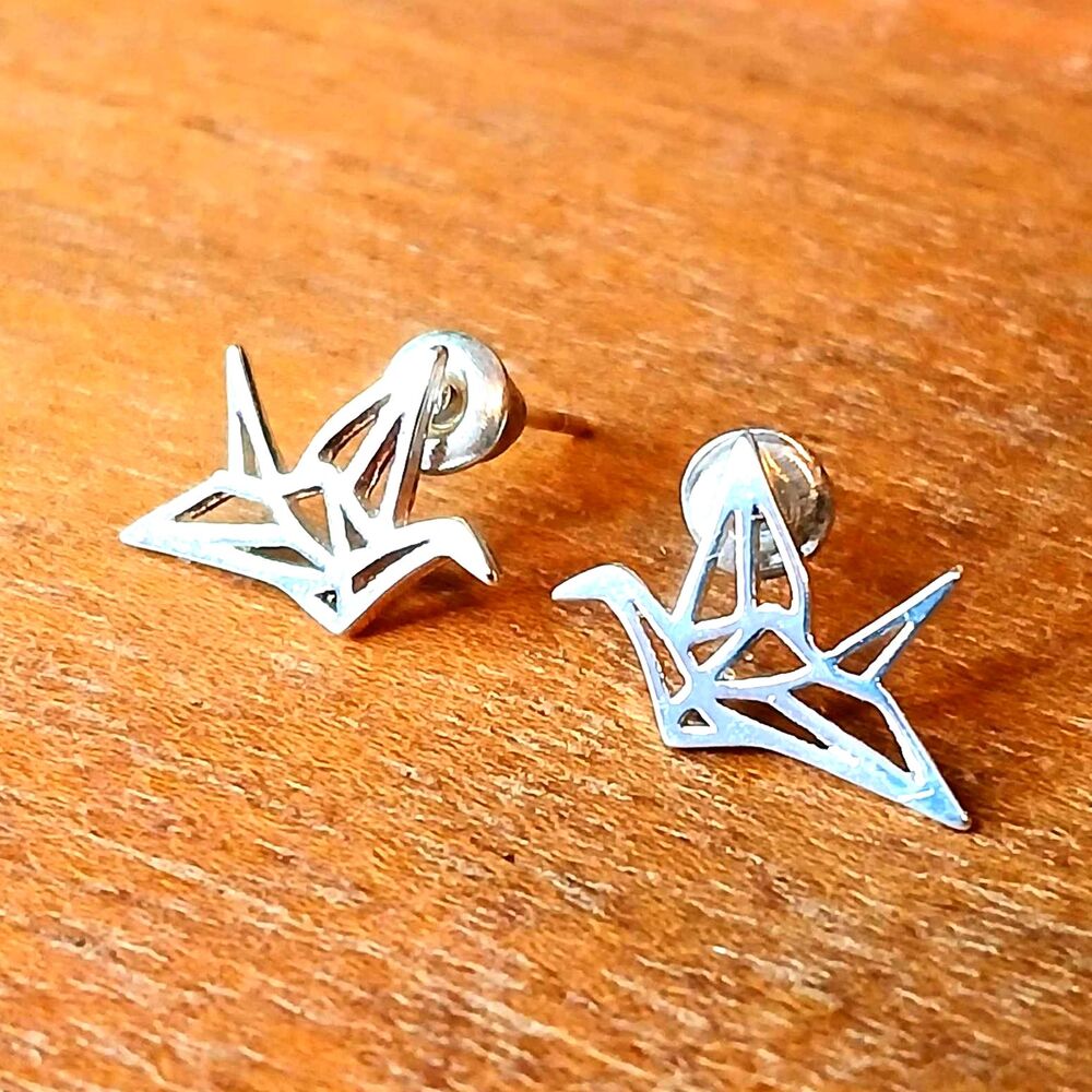 Dainty Minimalist Silver Origami Bird Stud Earrings